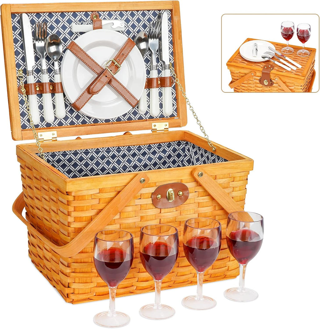 Picnic Basket Set for 4 Person Woodchip Basket with Handles Z22772