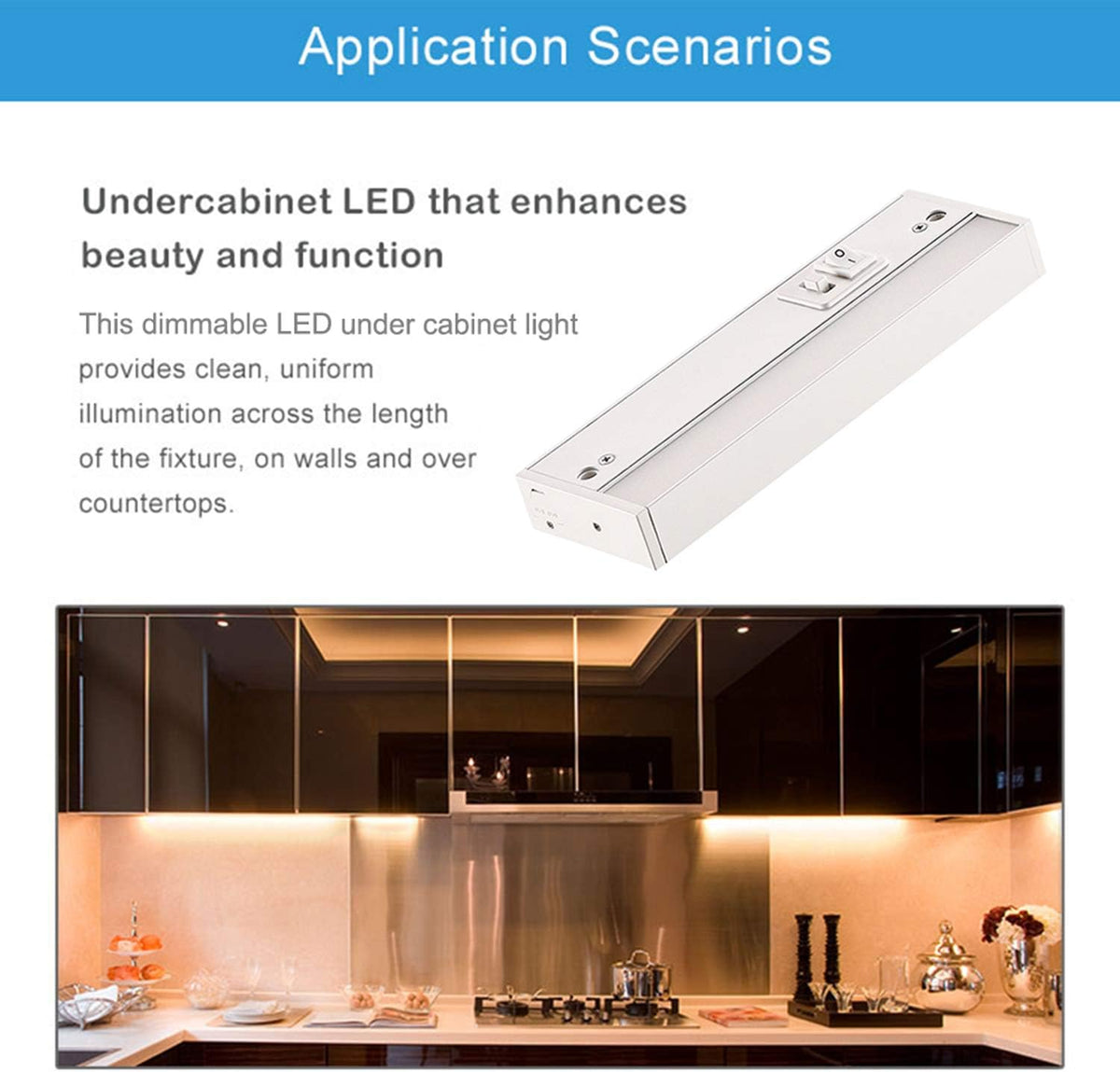 LED Under Cabinet Lighting Fixture, 24-inch 14W 985 Lumen, Dimmable, CRI 90, 3000K/3500K/4000K, Linkable, Hardwired or Plug-in, White Finish, Pack of 2 K883034