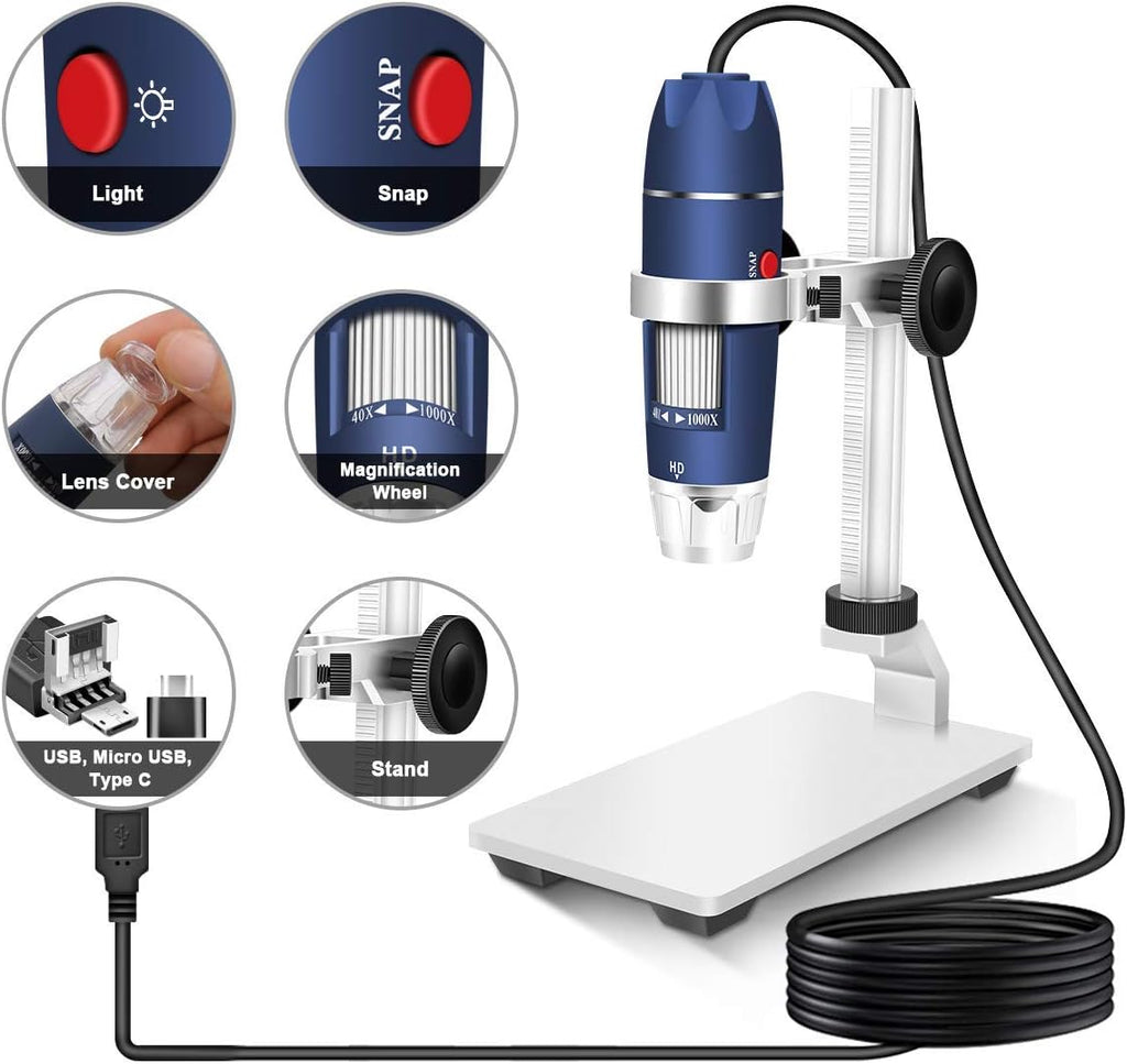 2MP USB Digital Microscope 40-1000X with 8 LEDs Aluminum Alloy Stand C986468