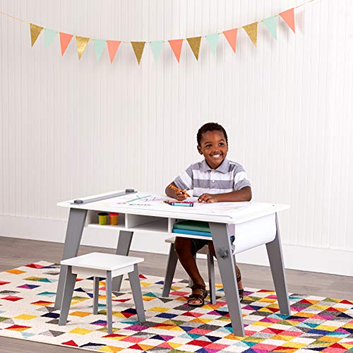 Gray Kids Arts and Crafts Table Set with Two Stools and Storage Cubbies V99994