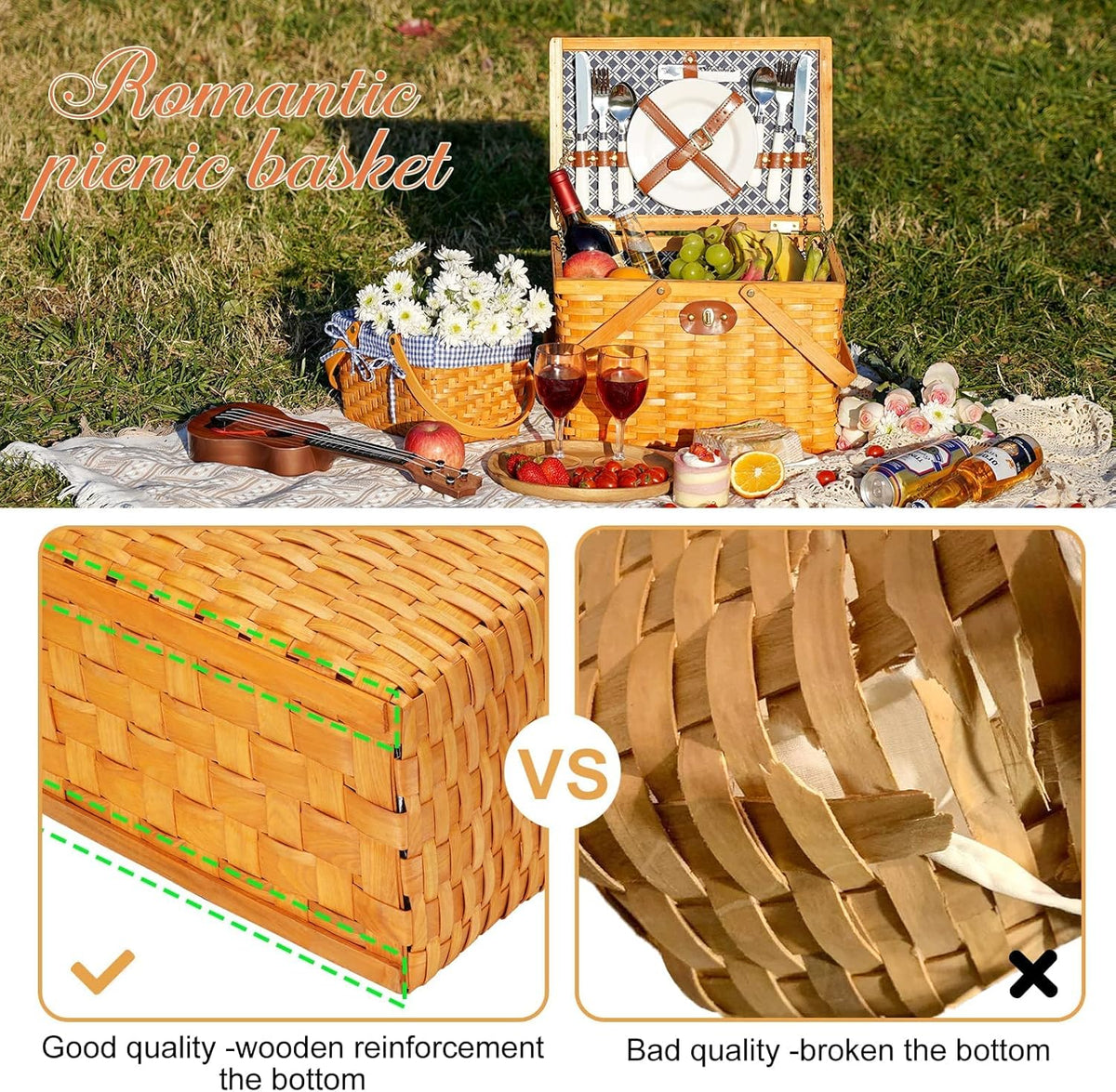 Picnic Basket Set for 4 Person Woodchip Basket with Handles Z22772