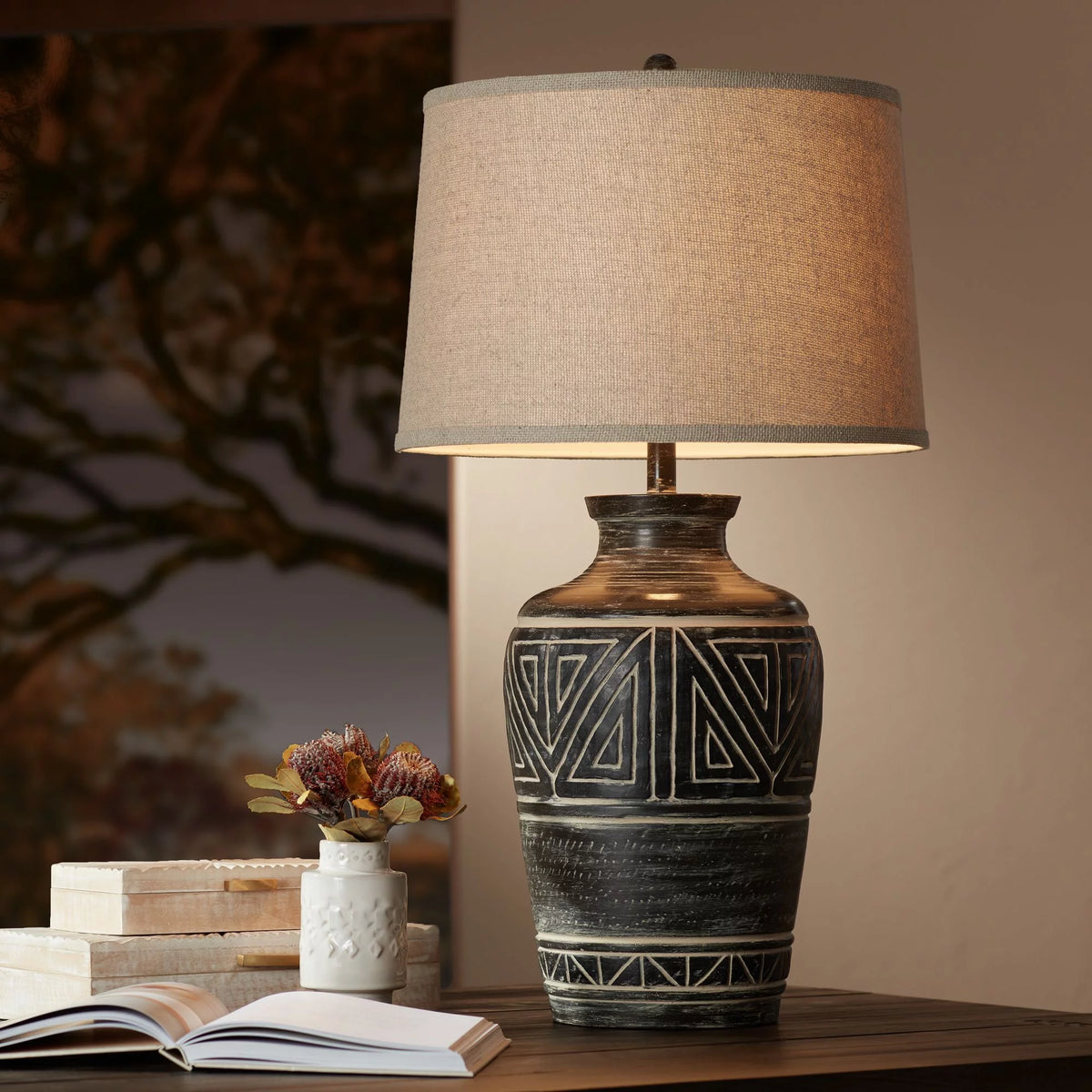 Rustic Table Lamp 32" Tall Earth Tone Linen Drum Shade T111856