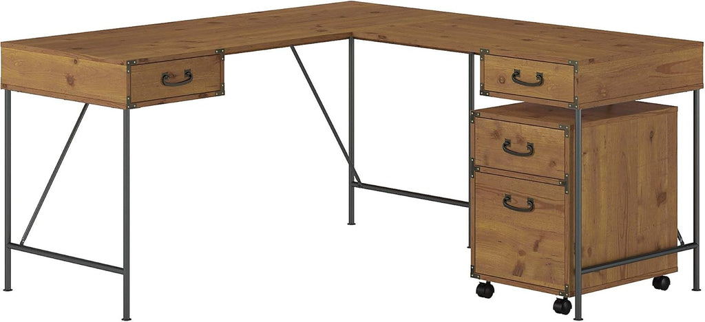 Vintage Golden Pine Writing Desk and 2 Drawer File Cabinet Q426