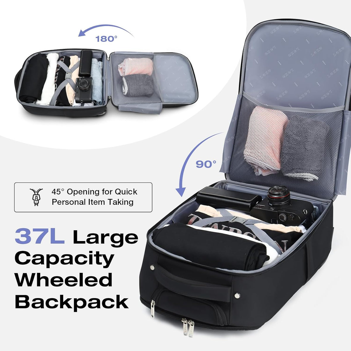 17 Inch Waterproof Black Rolling Backpack with Wheels O5905