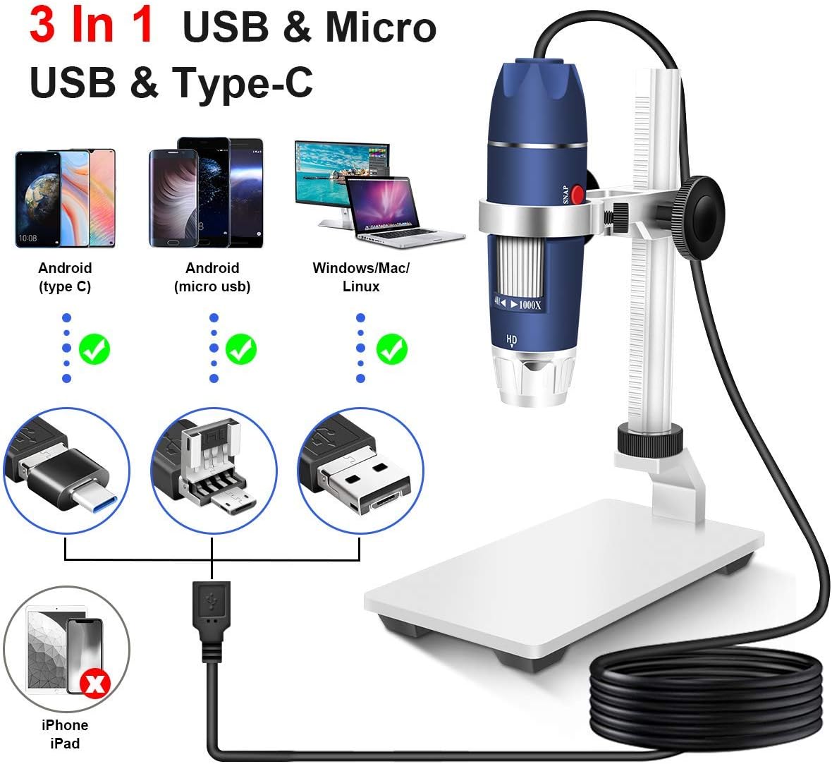 2MP USB Digital Microscope 40-1000X with 8 LEDs Aluminum Alloy Stand C986468