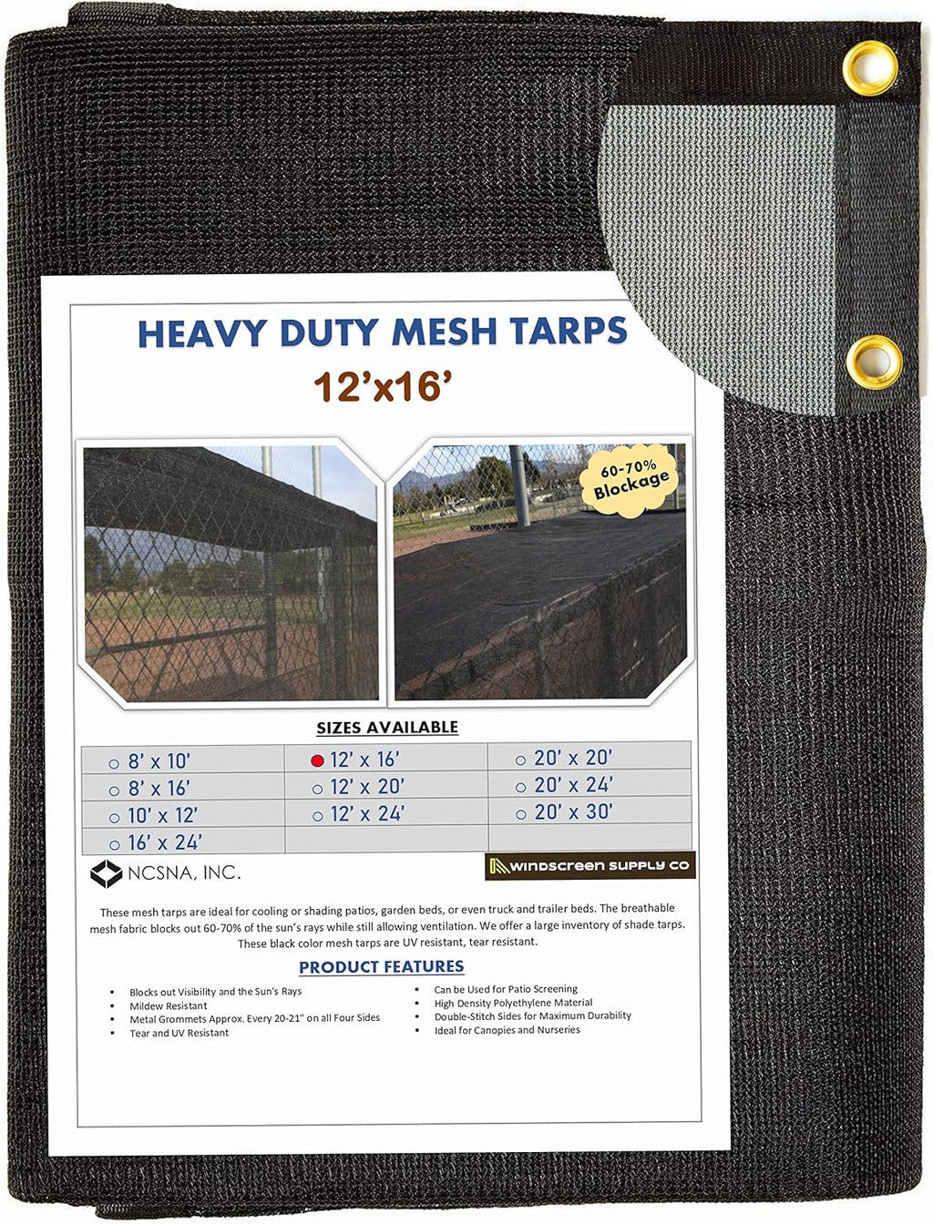 12 FT X 16 FT Heavy Duty Black Knitted Mesh Tarp with Grommets W62191