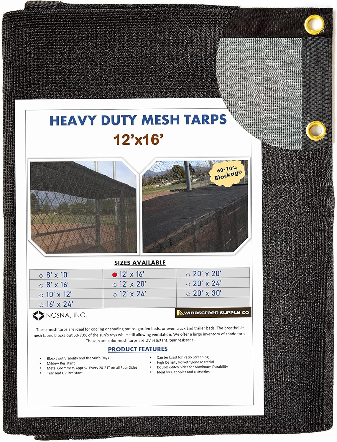 12 FT X 16 FT Heavy Duty Black Knitted Mesh Tarp with Grommets W62191
