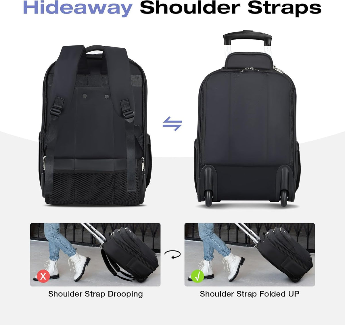 17 Inch Waterproof Black Rolling Backpack with Wheels O5905