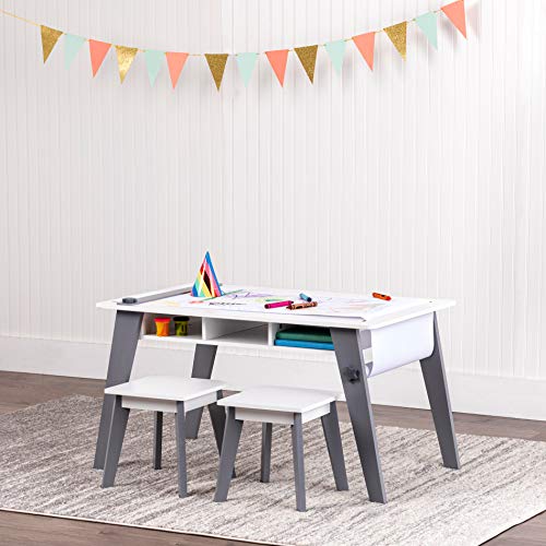 Gray Kids Arts and Crafts Table Set with Two Stools and Storage Cubbies V99994