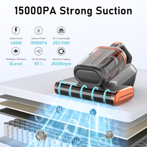 400W 15Kpa Suction Double-Cup Bed Vacuum Cleaner with UV & Ultrasonic J246