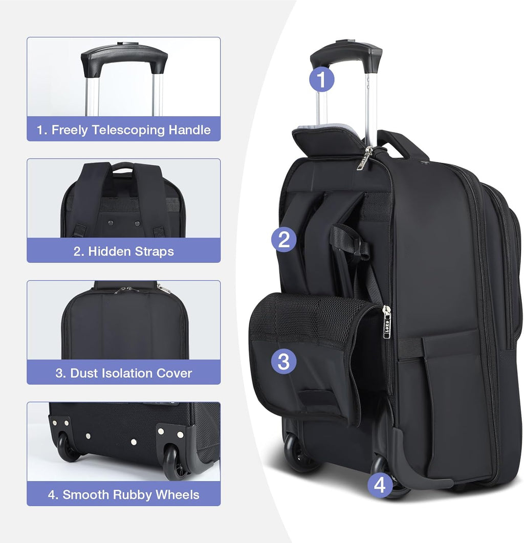 17 Inch Waterproof Black Rolling Backpack with Wheels O5905