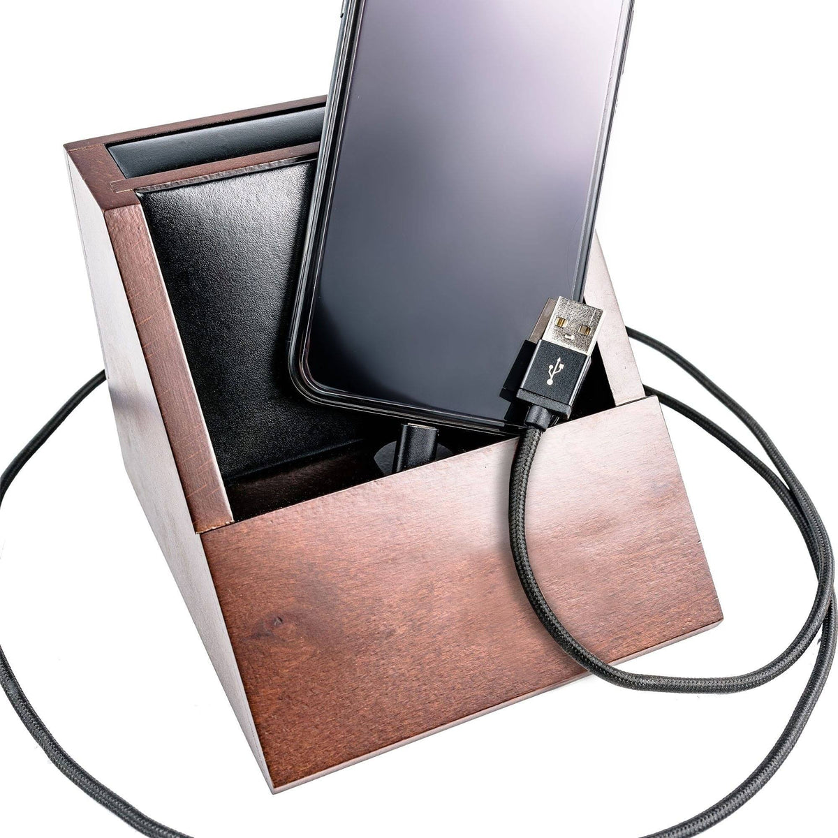 Walnut and Leather Desktop Cell Phone Holder A147