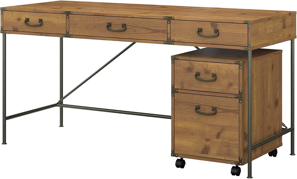 Vintage Golden Pine Writing Desk and 2 Drawer File Cabinet Q426