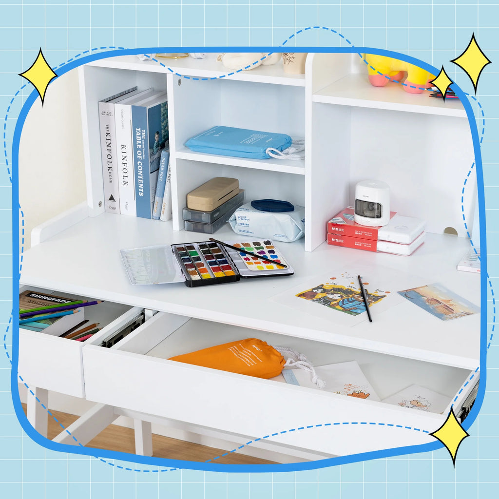 White Wooden Kids Desk and Chair Set with Drawers K69922