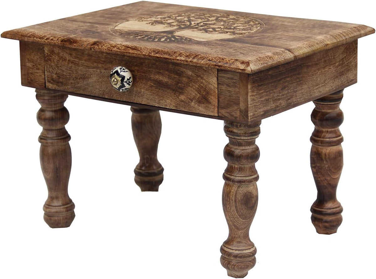 Solid Mango Wood Hand Carved Puja Shrine Altar Meditation Table Y313