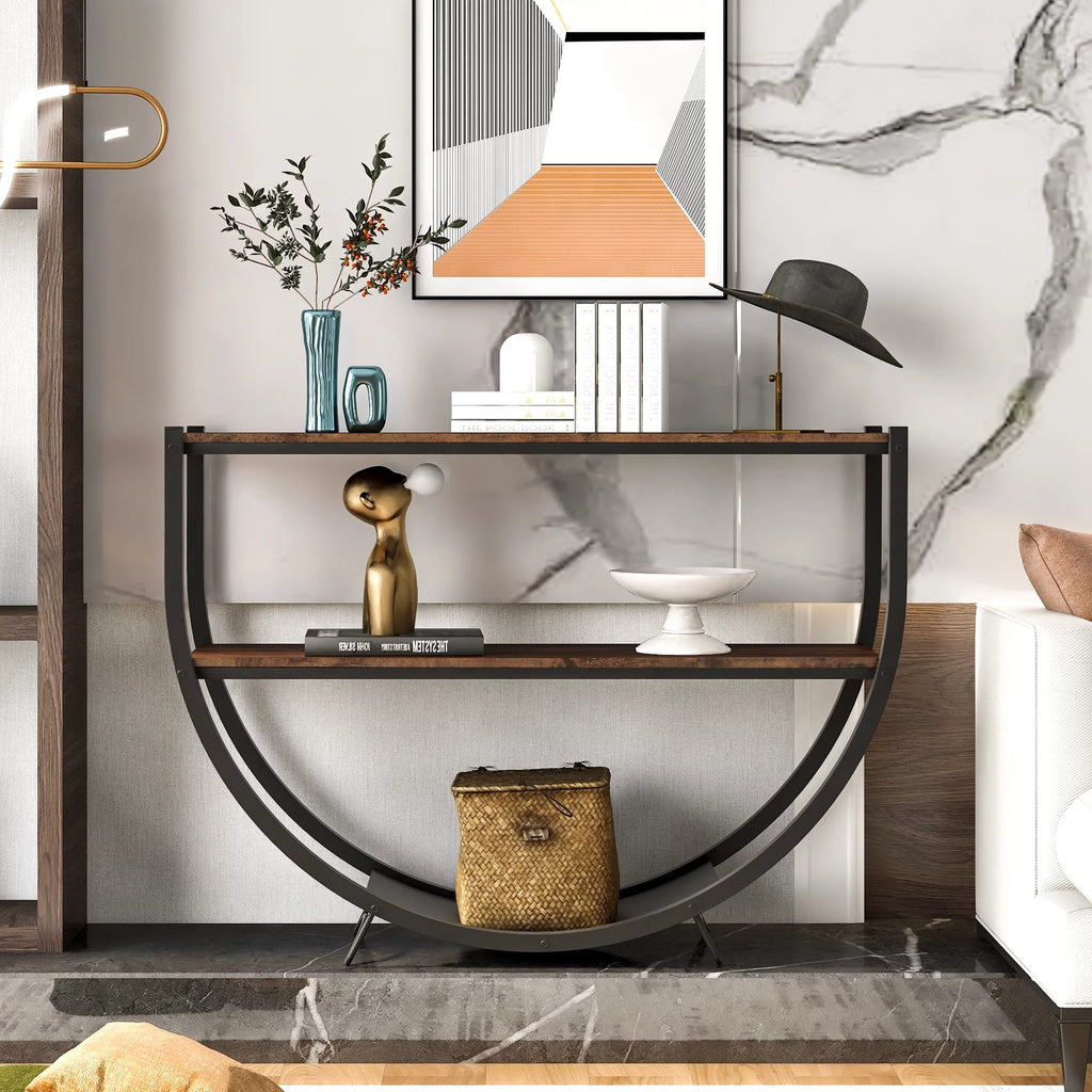 Distressed Brown Metal Wood Console Table Z2679