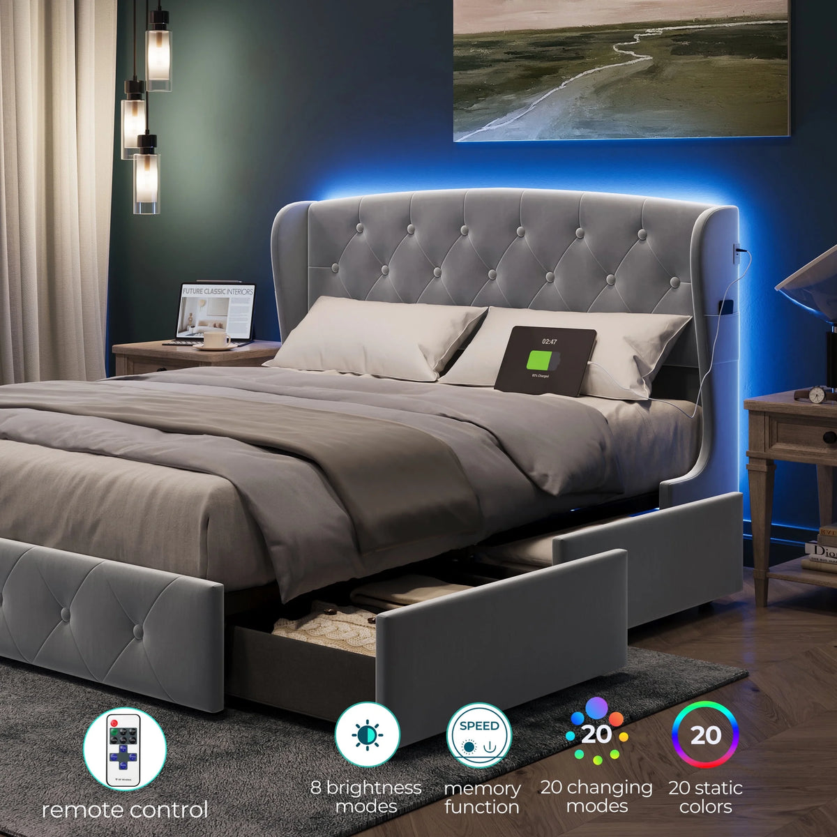 Queen Size Upholstered Platform Bed Frame with Headboard and 4 Storage Drawers N316