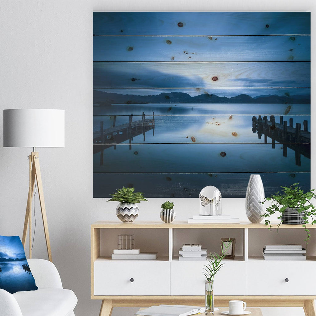 Dark Blue Sea and Piers Seascape Print on Natural Pine Wood T2788