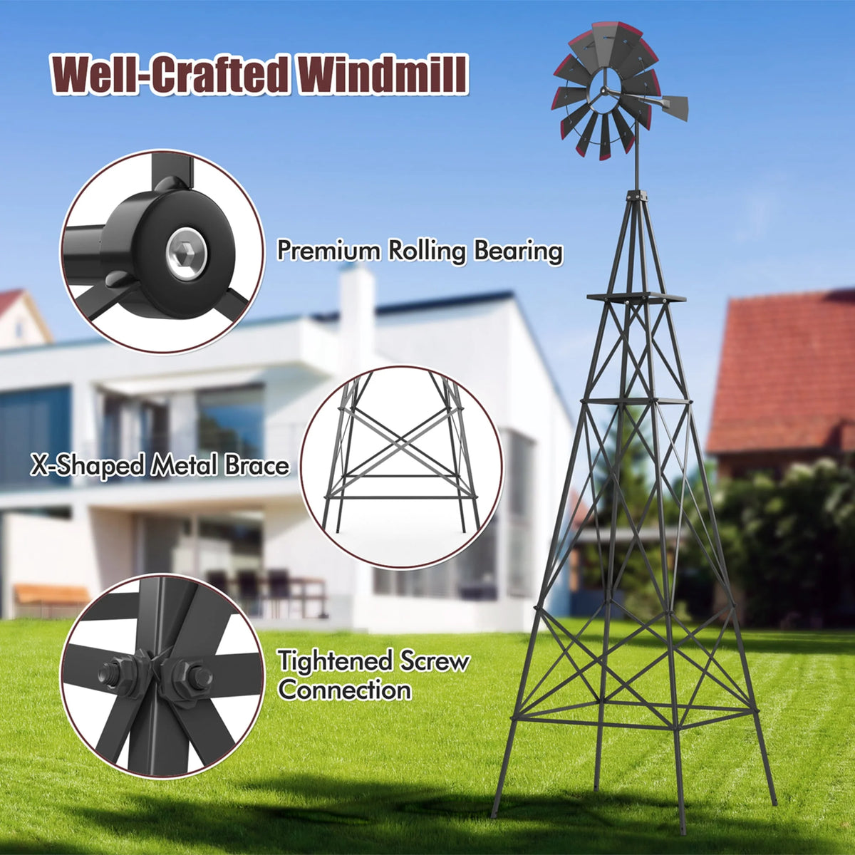 8 ft Ornamental Windmill with 4 Support Legs Gray W29622