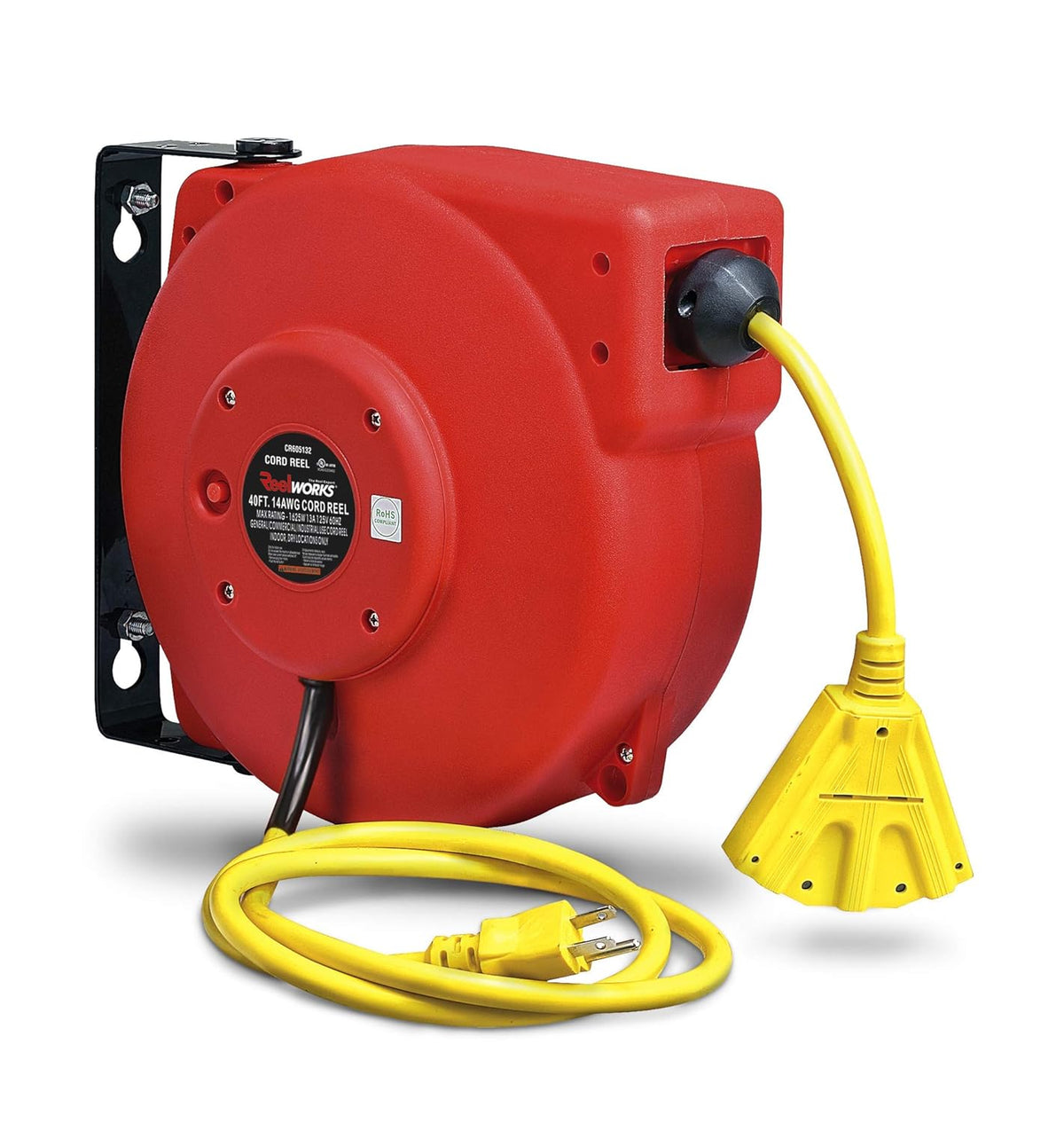 Extension Cord Reel Retractable, 14AWG x 40' Ft 3C SJT, Wall Mount Kit, 3 Outlet/Triple Tap Connector Pack of 2 U799108