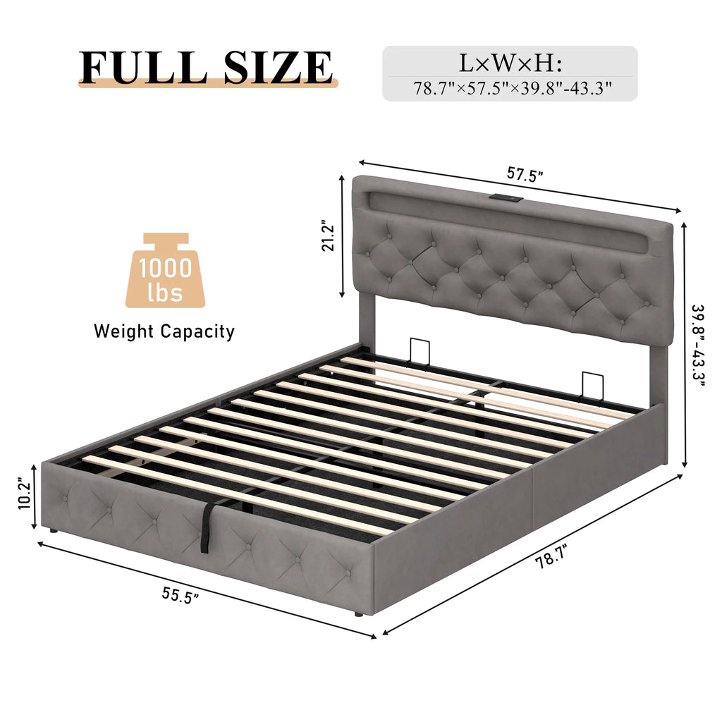 Queen Lift Up Velvet Storage Bed Frame with LED Light & Power Outlets V156444