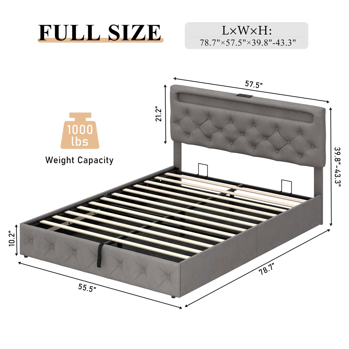 Queen Lift Up Velvet Storage Bed Frame with LED Light & Power Outlets V156444