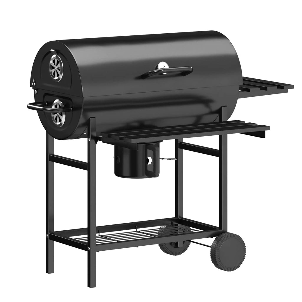Black 29” Barrel Outdoor Charcoal Grill with Side Shelf and Wheels K380375