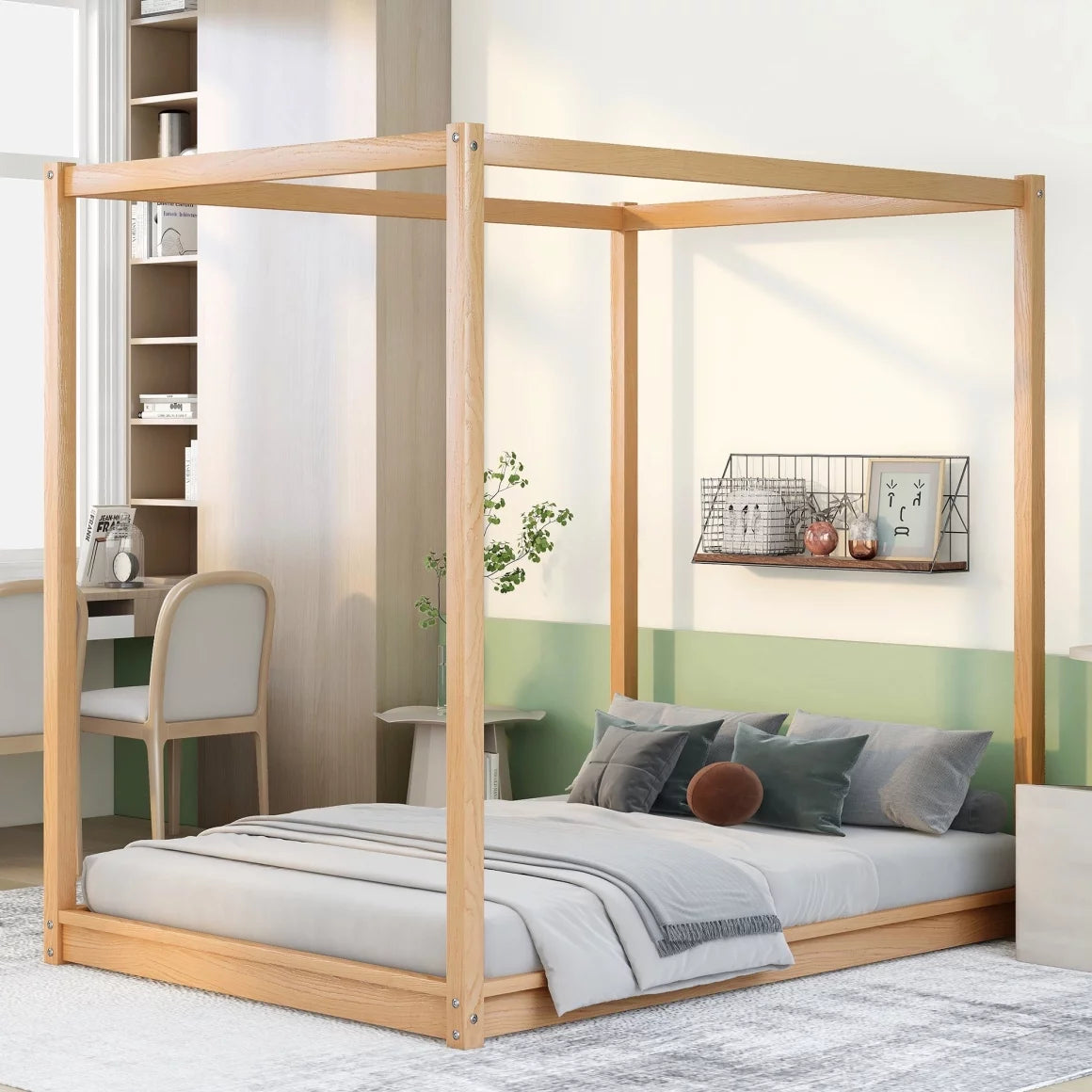 White Queen Size Wood Canopy Bed Frame with Headboard R7349