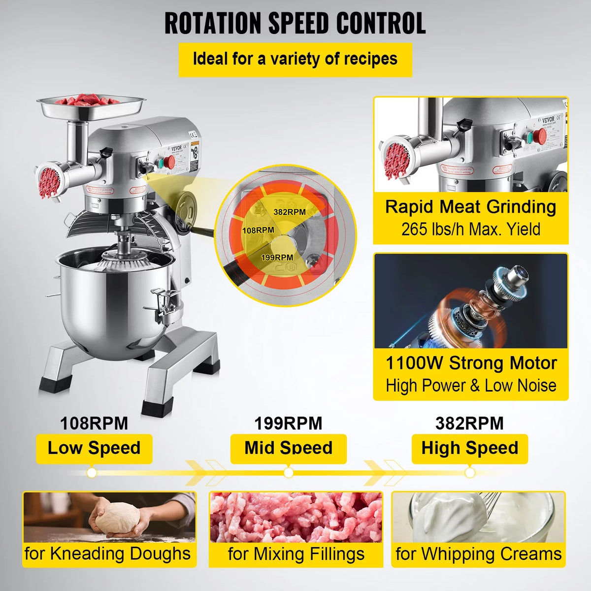 20Qt Stainless Steel Bowl 1100W Electric Stand Mixer with Meat Grinder Q224694