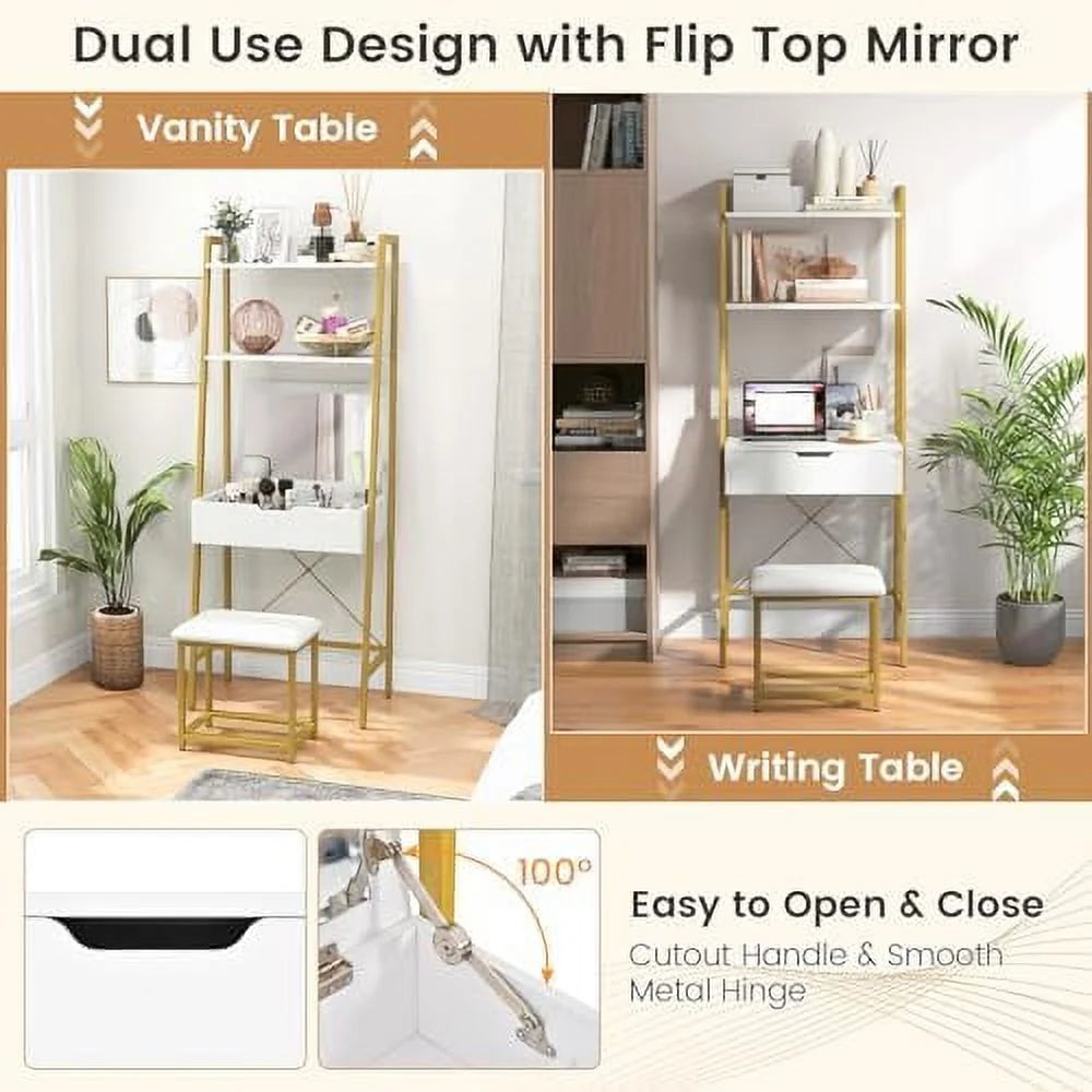 Black Brown Vanity Table Set with Flip Top Mirror and Cushioned Stool F486005