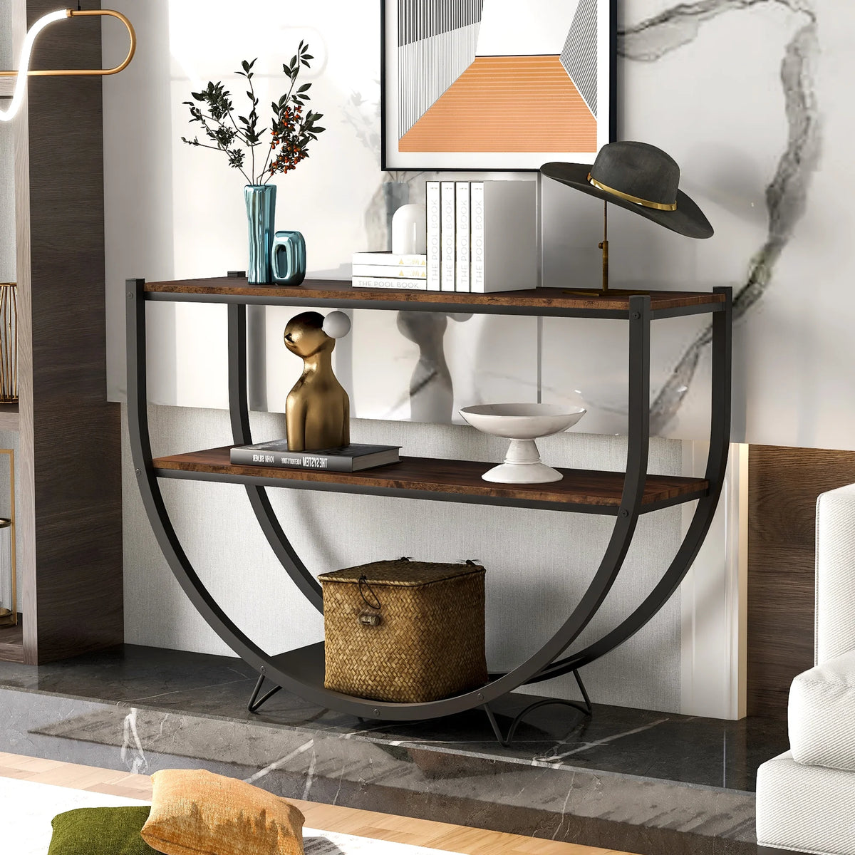 Distressed Brown Metal Wood Console Table Z2679