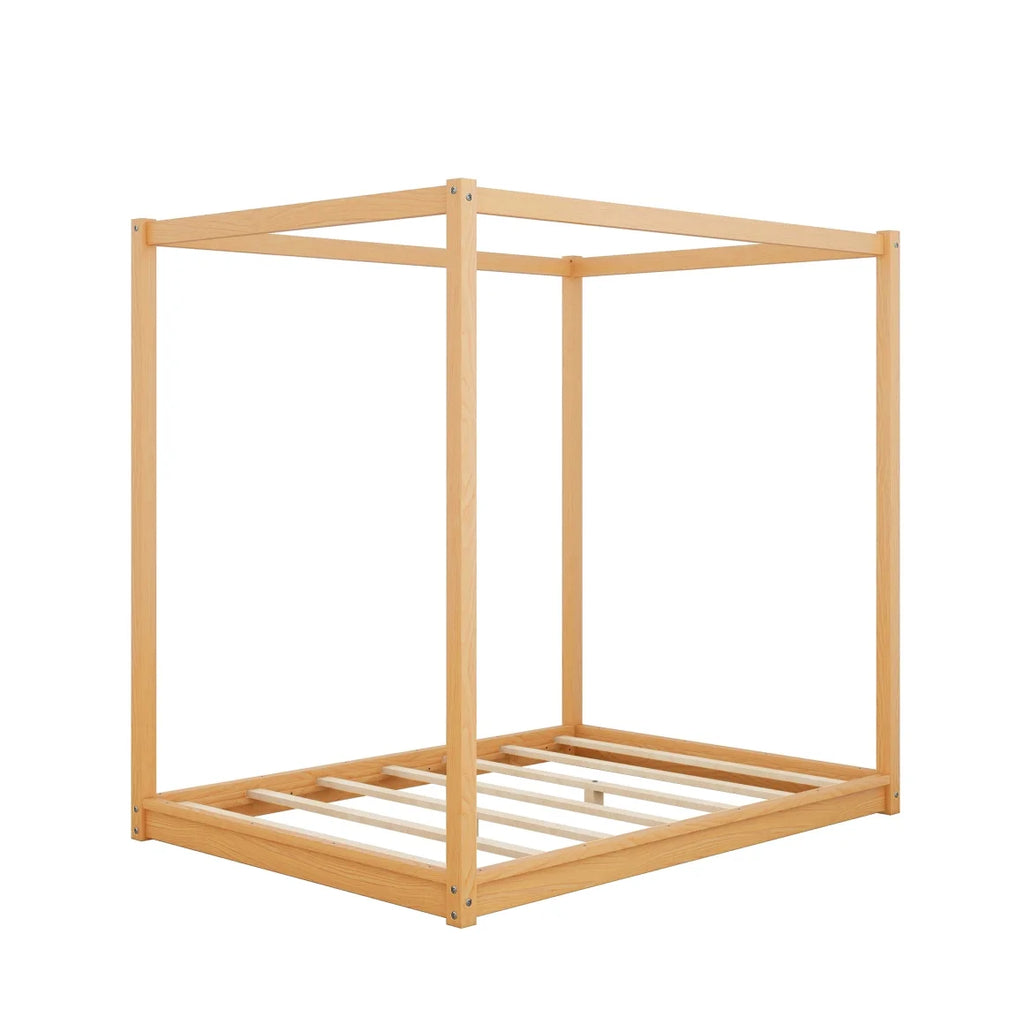 White Queen Size Wood Canopy Bed Frame with Headboard R7349