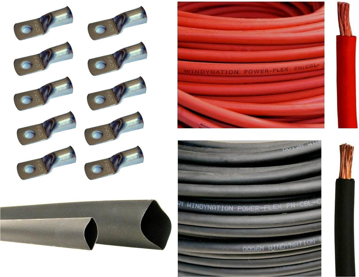 4/0 AWG 10 Feet Red + 10 Feet Black Pure Copper Flexible Cable + 10pcs 3/8" Tinned Copper Cable Lug Terminal Connectors + 3 Feet Black Heat Shrink Tubing S48066