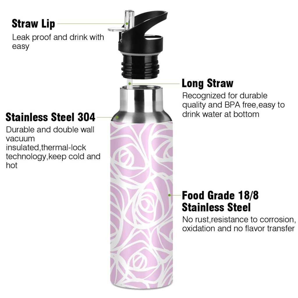 White Rose Flower Pink Stripes Stainless Steel Water Bottle 20 OZ I769