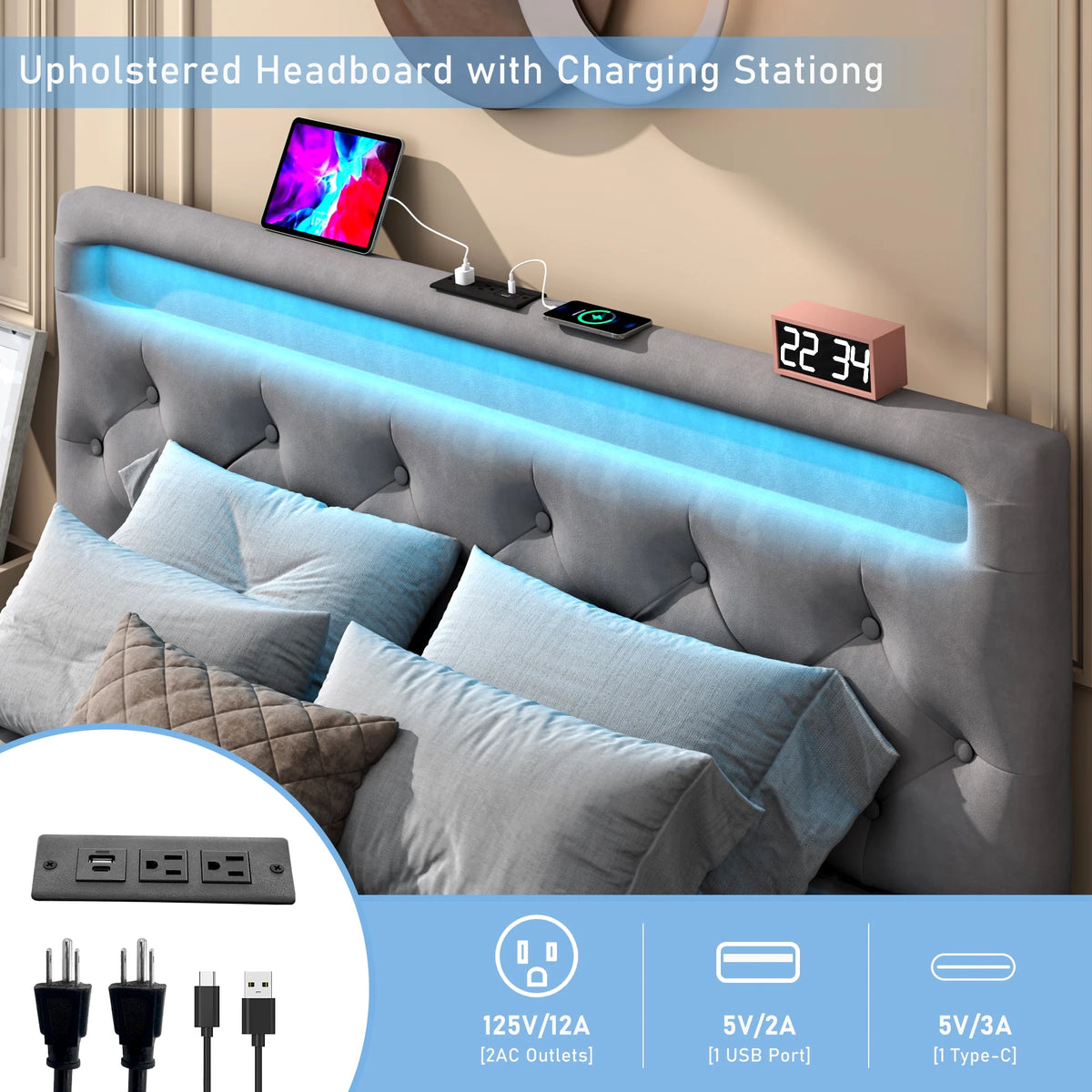 Queen Lift Up Velvet Storage Bed Frame with LED Light & Power Outlets V156444