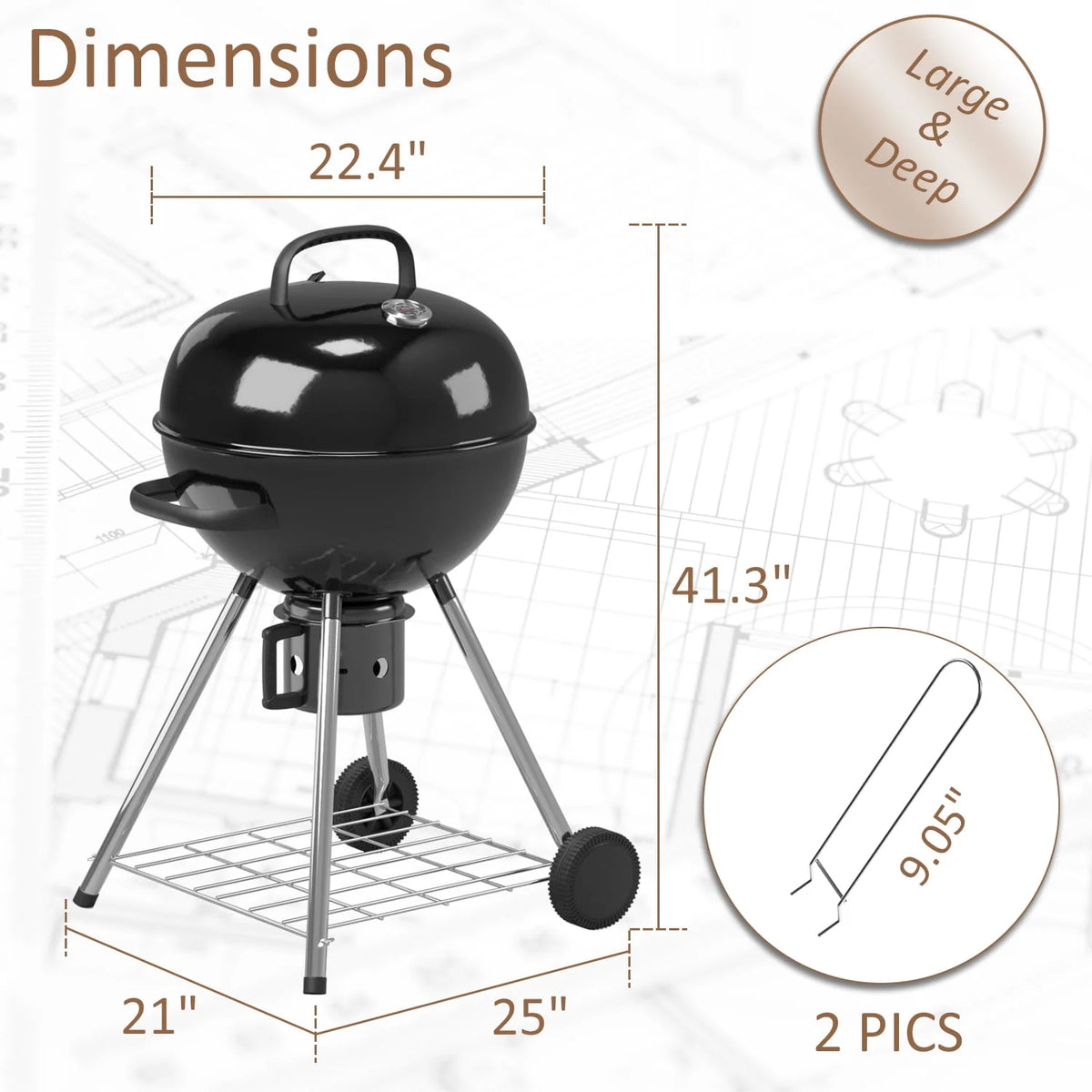 Black 29” Barrel Outdoor Charcoal Grill with Side Shelf and Wheels K380375