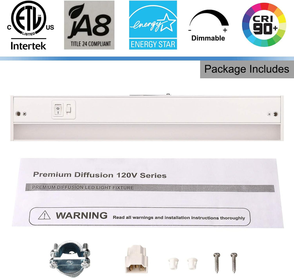 LED Under Cabinet Lighting Fixture, 24-inch 14W 985 Lumen, Dimmable, CRI 90, 3000K/3500K/4000K, Linkable, Hardwired or Plug-in, White Finish, Pack of 2 K883034