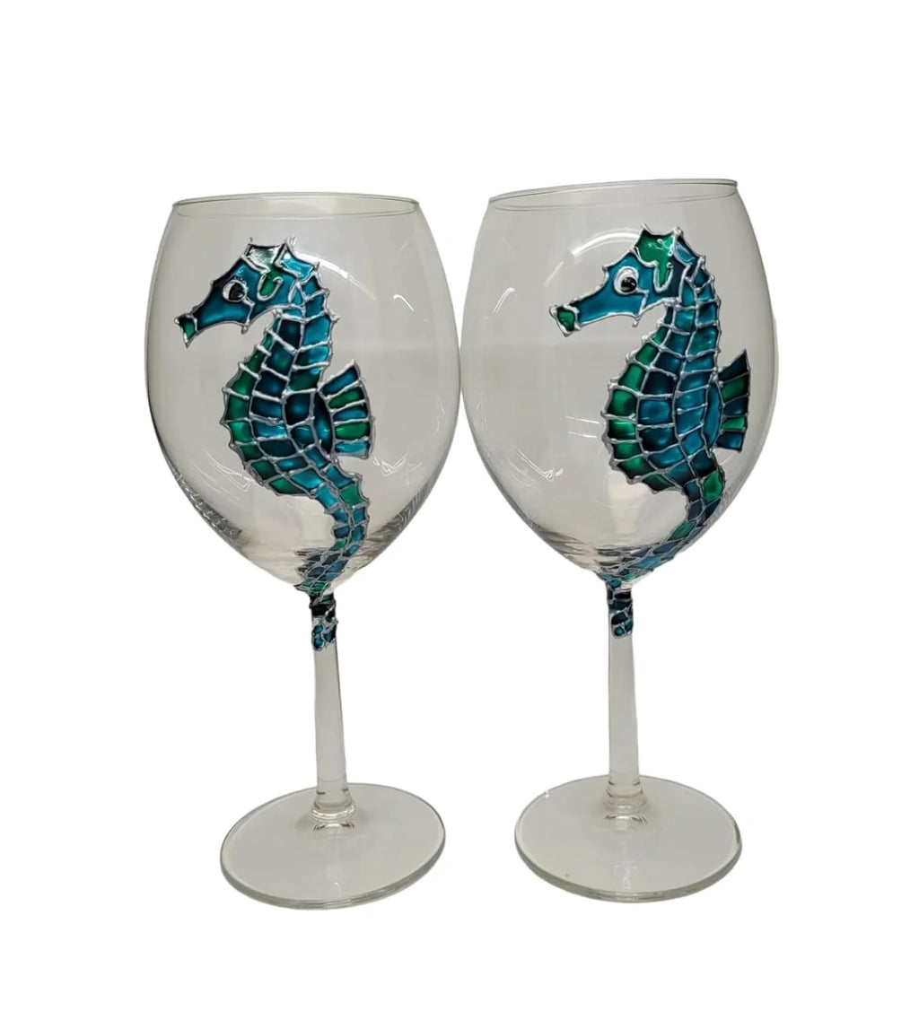 Blue Green Hand Painted Wine Glasses Set Of 2 Q390