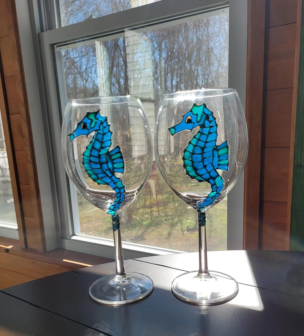 Blue Green Hand Painted Wine Glasses Set Of 2 Q390