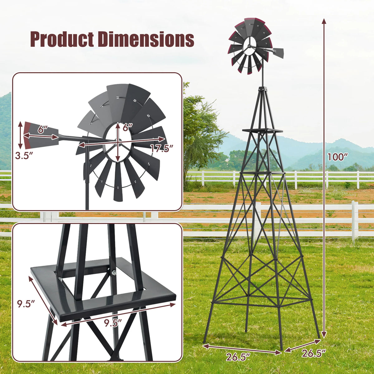 8 ft Ornamental Windmill with 4 Support Legs Gray W29622