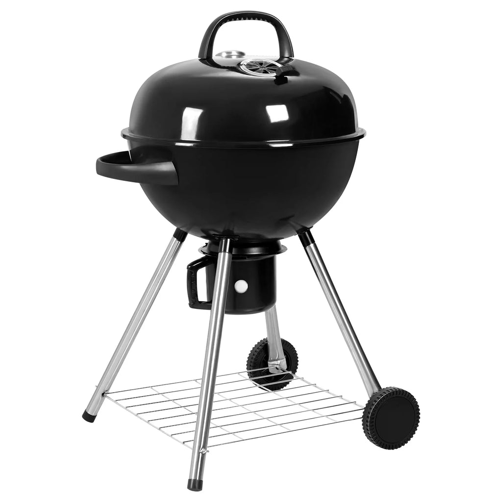 Black 29” Barrel Outdoor Charcoal Grill with Side Shelf and Wheels K380375