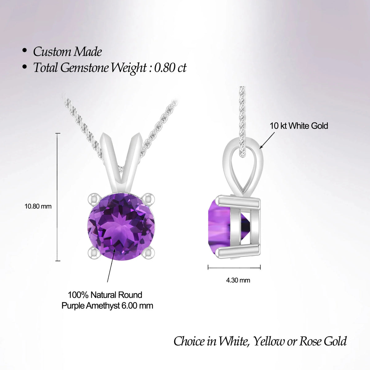3/4 Carat Round Amethyst 10K White Gold Solitaire Pendant Necklace P300