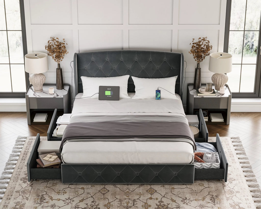 Queen Size Upholstered Platform Bed Frame with Headboard and 4 Storage Drawers N316