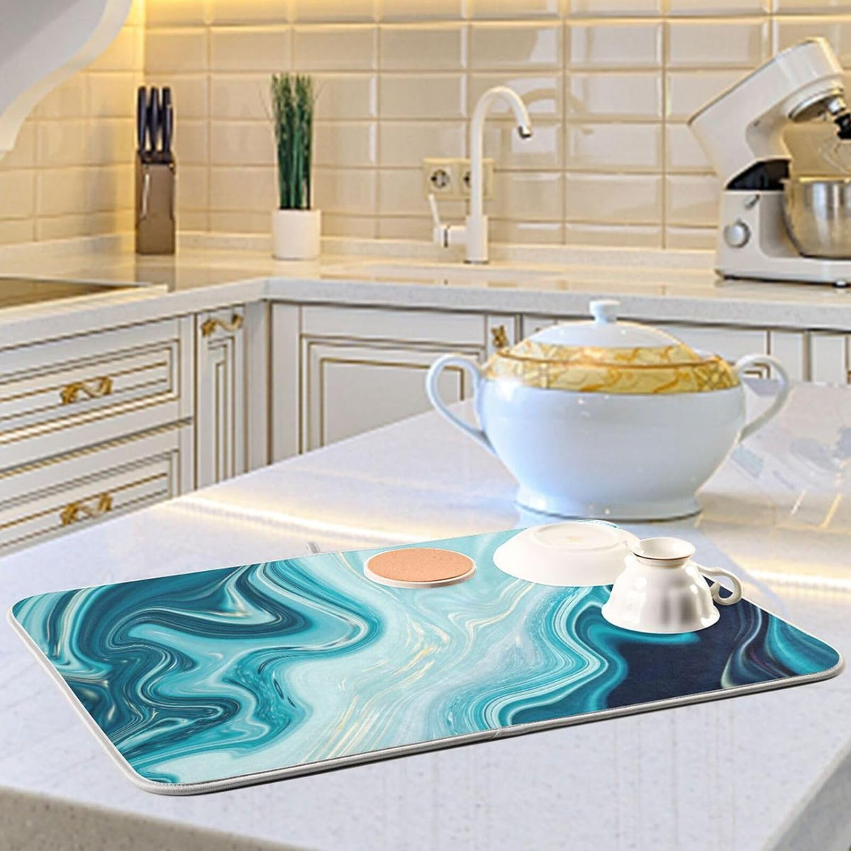 Blue Abstract Marble Dish Drying Mat, 16x18Inch Q646