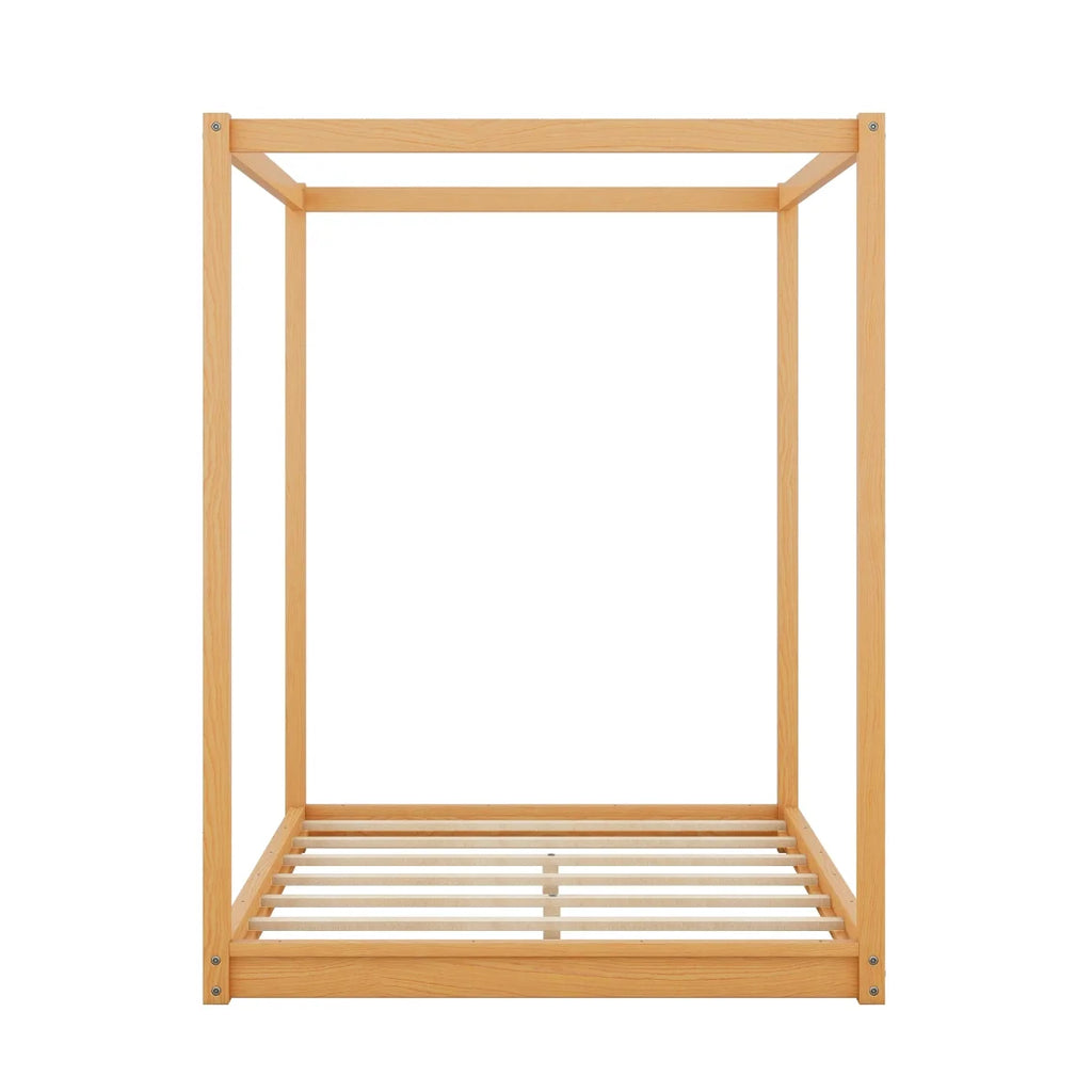 White Queen Size Wood Canopy Bed Frame with Headboard R7349
