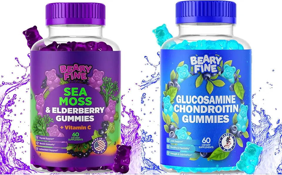 Seamoss-Elderberry Glucosamine Gummies Bundle - Vitamin C, Zinc, Chondroitin, MSM - Vegan - 120 Gummies Total J11289