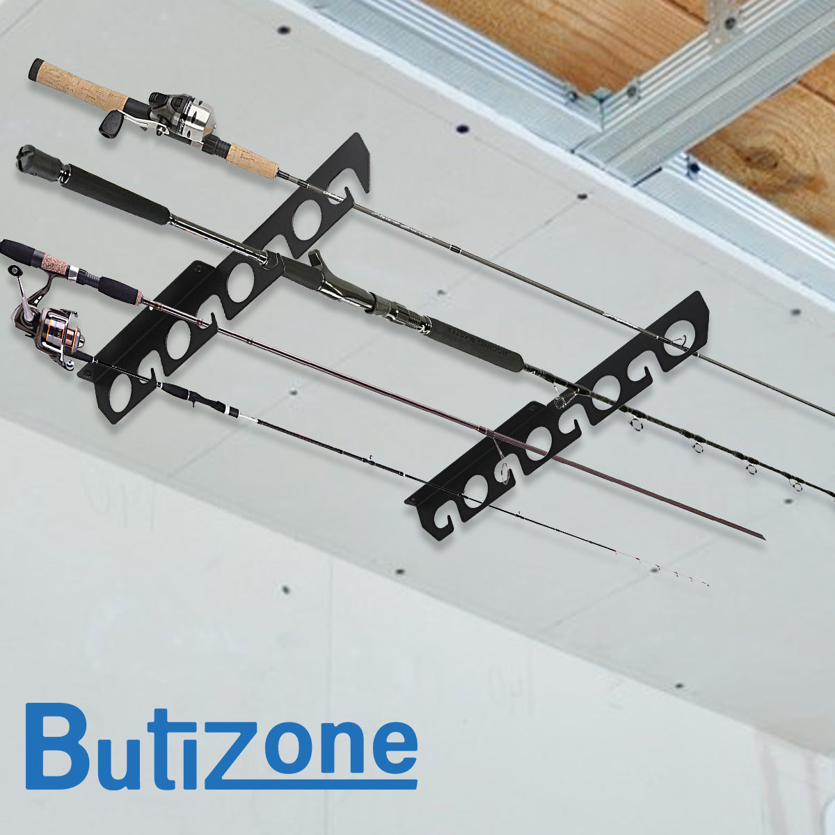 Black 2 Pack Fishing Rod Rack Wall Mount, Holds 16 Rods J38048
