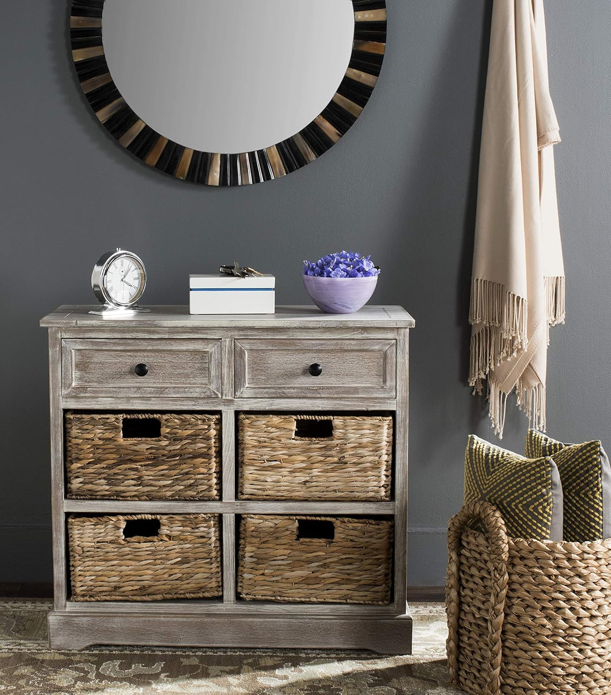 Whitewash Wicker Basket Storage Unit F80461