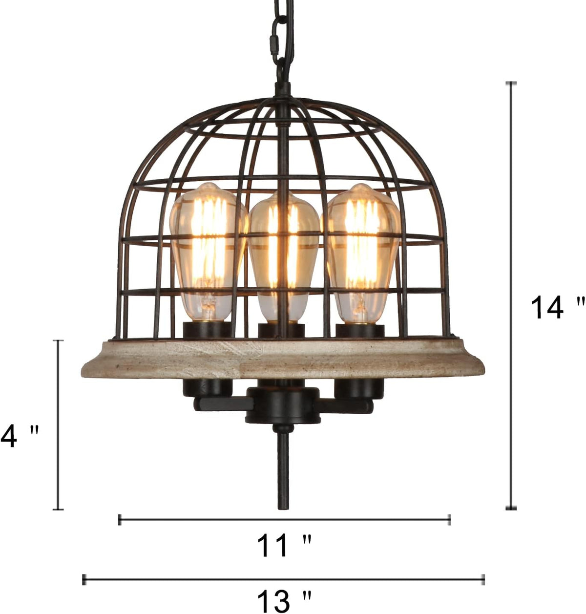 Round Rustic Chandelier Light Fixture, 3-Light Metal Wood Globe Cage Shade W9653