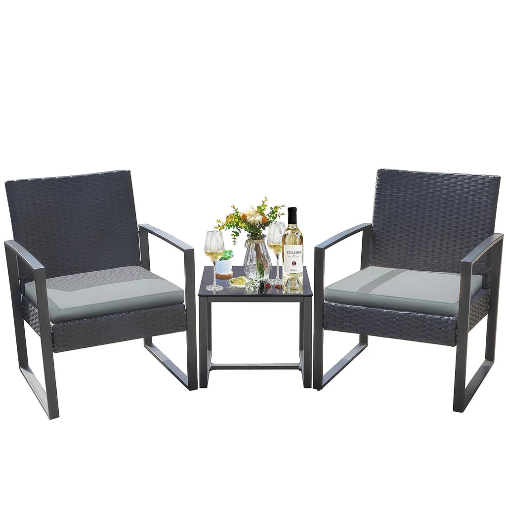 3 Pieces Cushioned PE Rattan Bistro Chairs Set of 2 with Coffee Table M9216